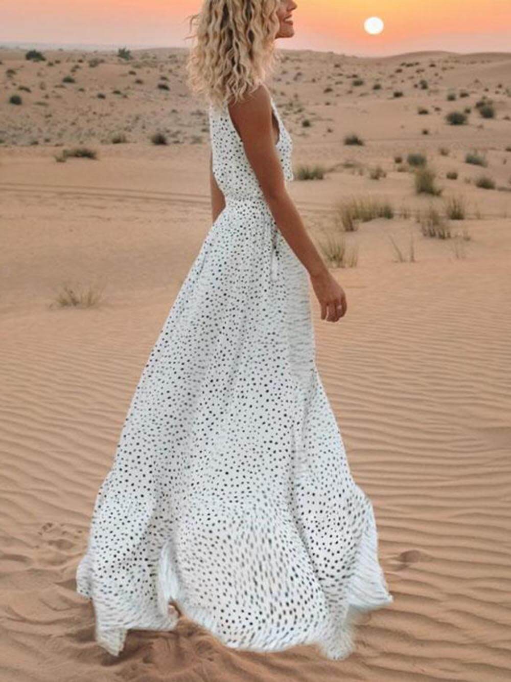 Bohemian V-Neck Sleeveless Polka-Dot Maxi Dress