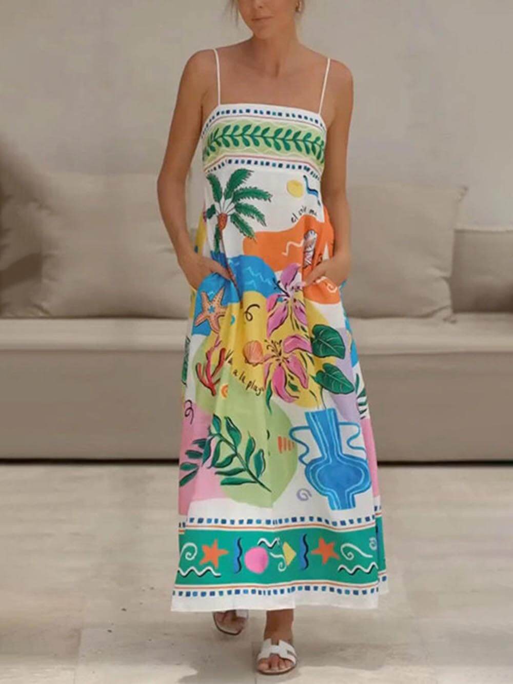 Robe mi-longue de style resort sans bretelles imprimée unique