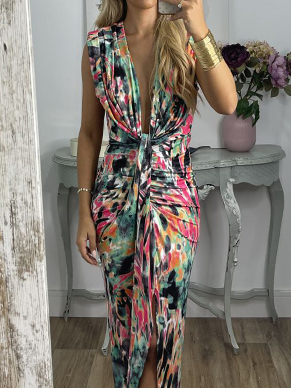 שמלת מקסי מסוקסת Tie-Dye Deep V Ruched