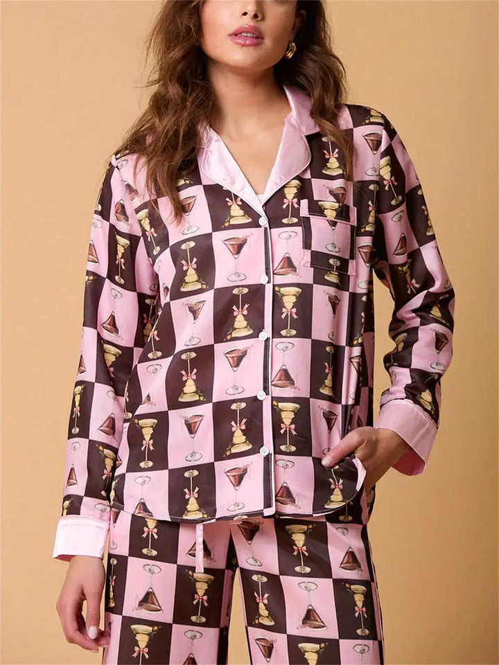 Plaid Wine Glass Print Pajama Set Long Sleeve Shirt