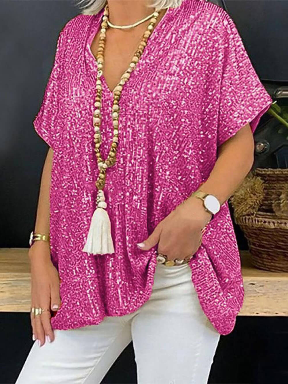 Jersey holgado informal bohemio, Top con cuello en V y lentejuelas de manga corta