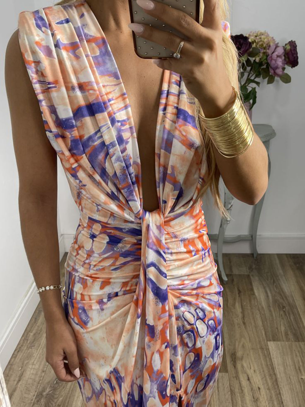 שמלת מקסי מסוקסת Tie-Dye Deep V Ruched