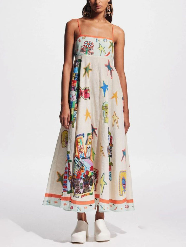 Unieke graffiti print bretels lange swing maxi-jurk