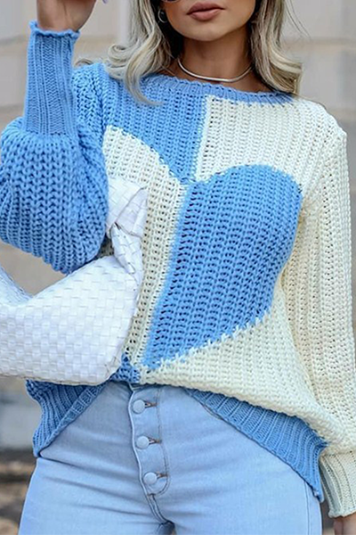 Casual Patchwork  Contrast O Neck Tops Sweater