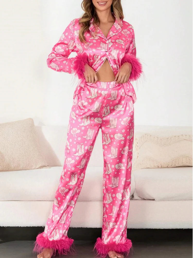 Boot & Feather Print Satin Pajama Set