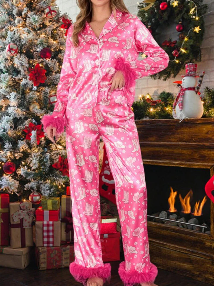 Boot & Feather Print Satin Pajama Set