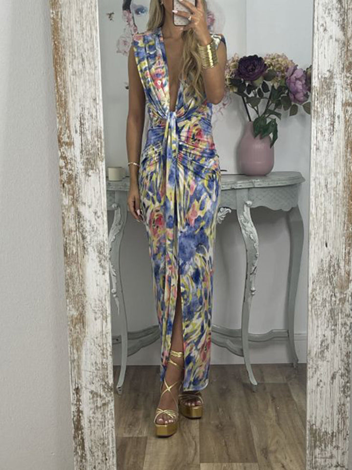 Tie-Dye Deep V Ruched Knotted Maxi Kleed