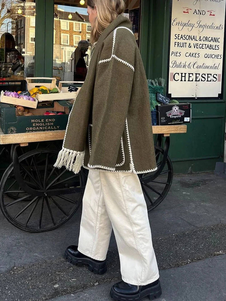 Draped Fringed Blend Jacket With Scarf