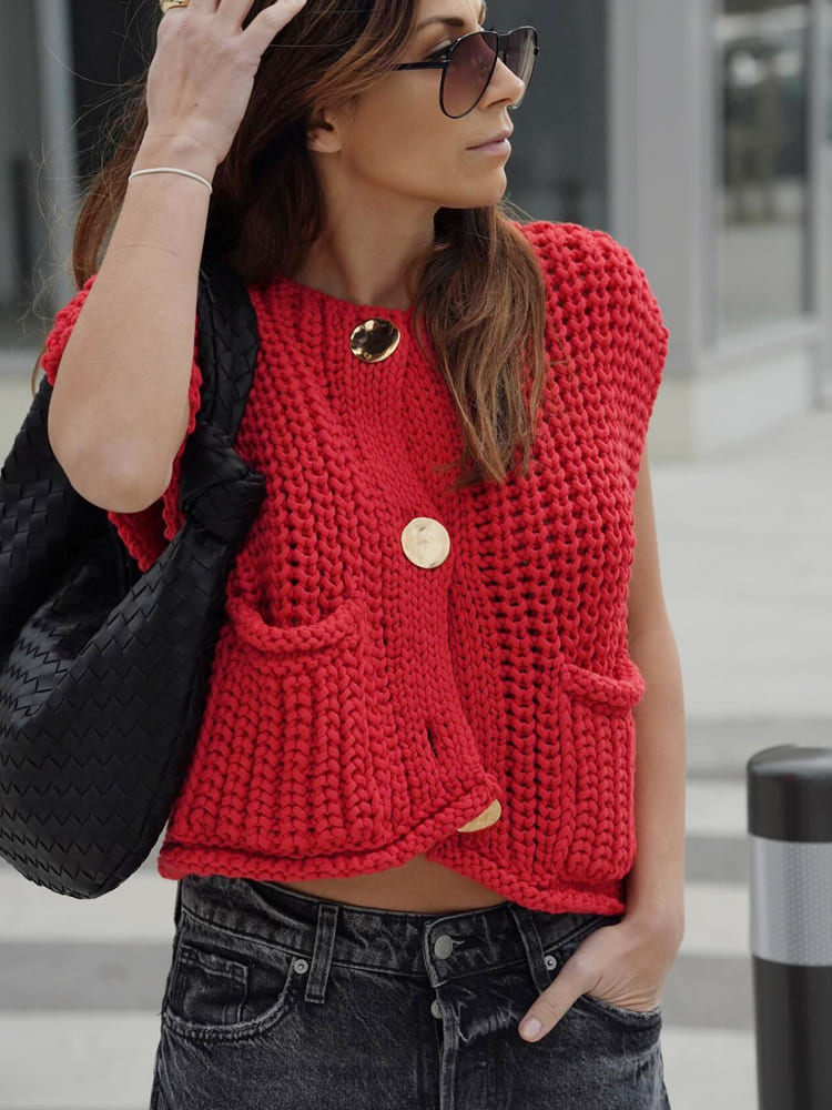 Sleeveless Cropped Knit Sweater Cardigan