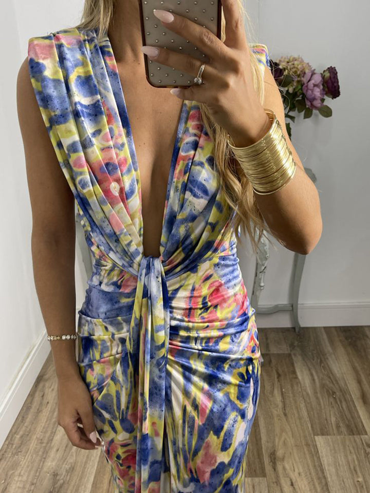 Tie-Dye Deep V Ruched Knotted Maxi Dress