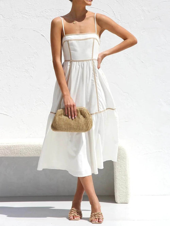 Contrast Color Trim Adjustable Straps Midi Dress