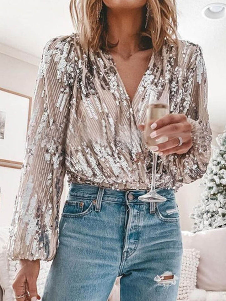 Blouses élégantes à col en V et paillettes pliées en patchwork