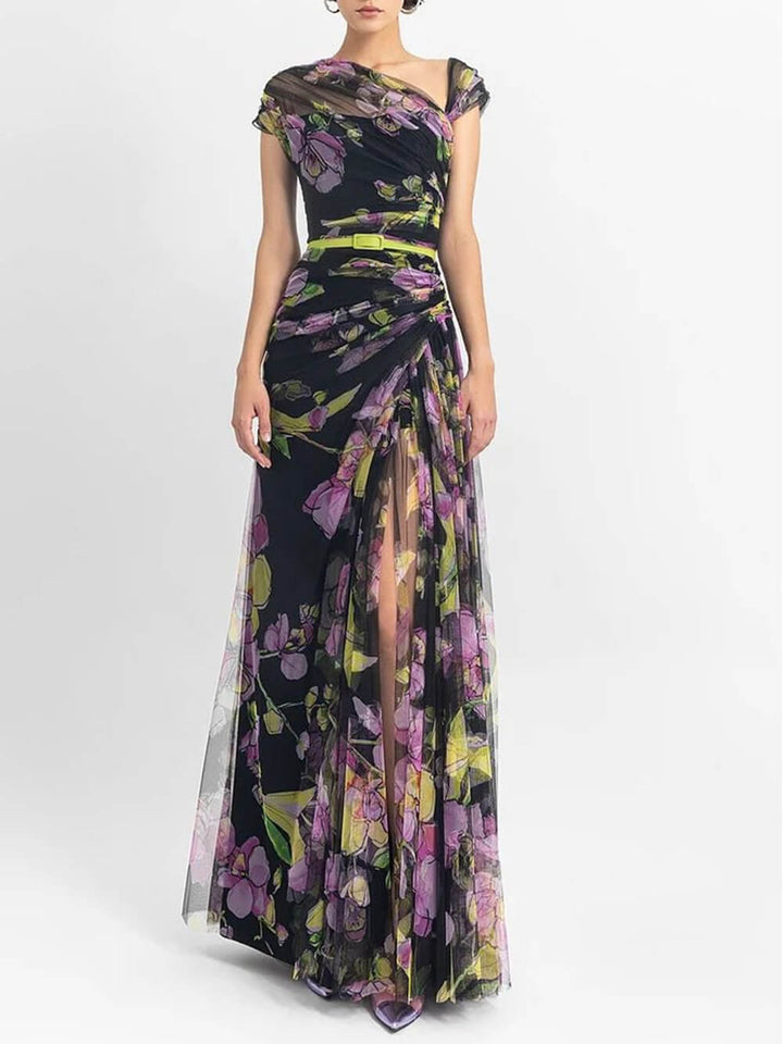 Gesmokte slim-fit maxi-jurk met mesh-print