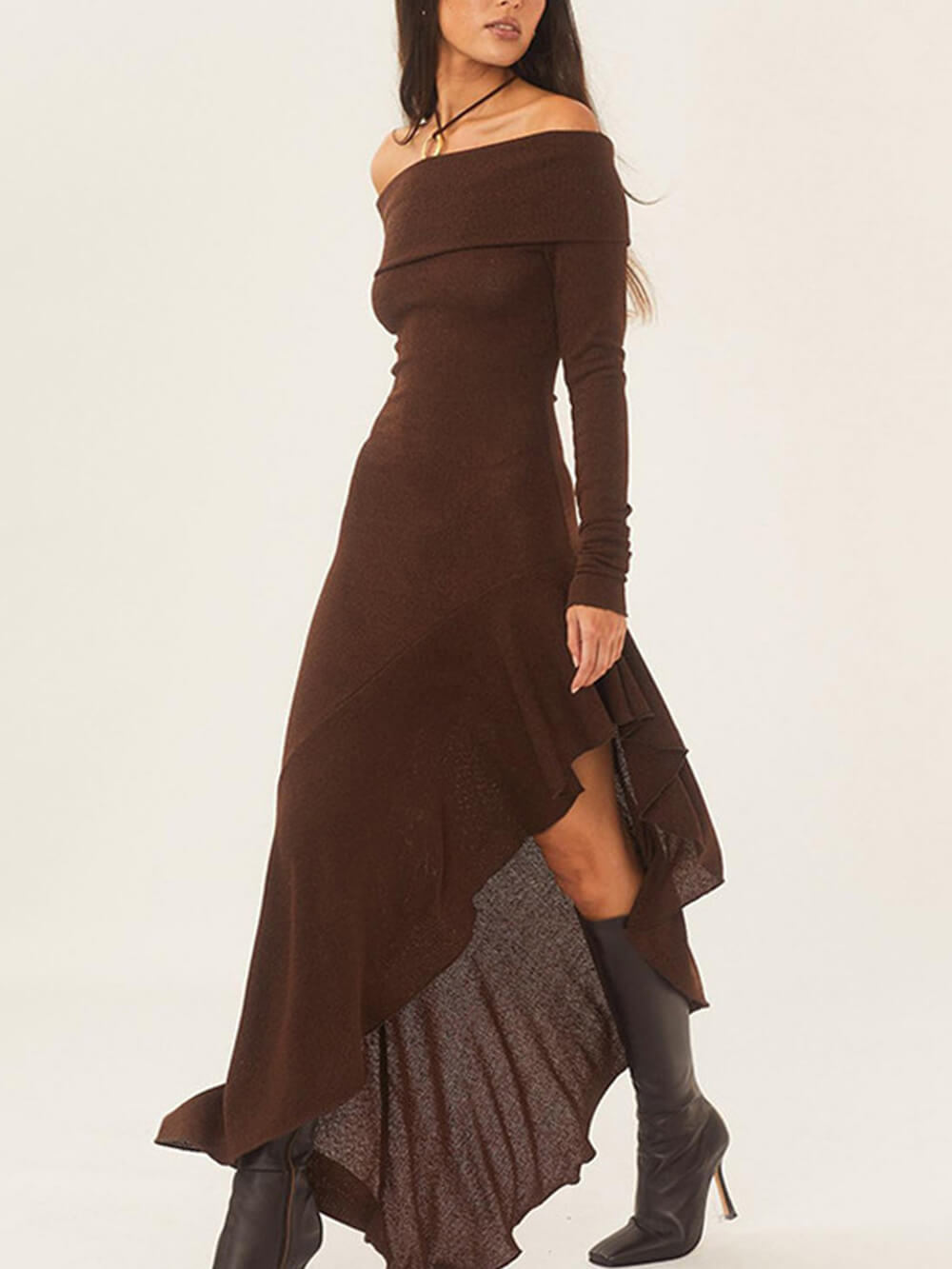 Bateau Neck Long Sleeve Maxi Kleed