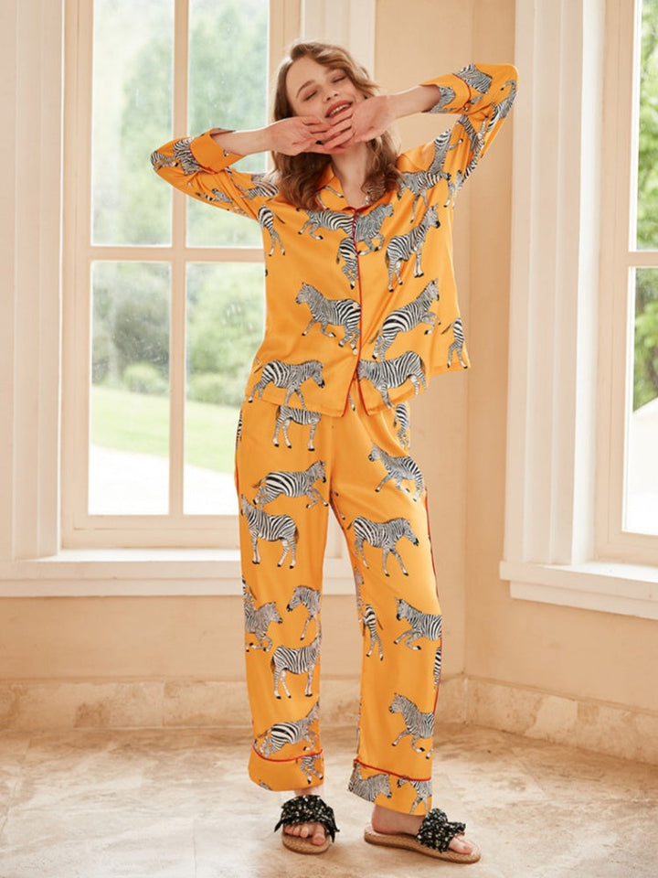 Zebra Print Long Sleeve Loungewear Set - Yellow