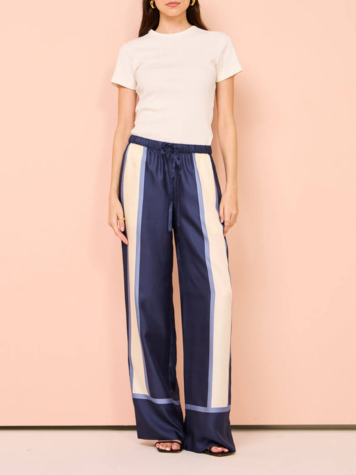 Striped Patchwork Unique Printed Elastic Waist Pocket Wide Leg Pants