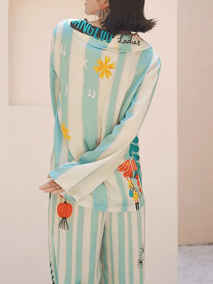 Homewear - Printed Ice Silk Long Sleeve Pajama Set