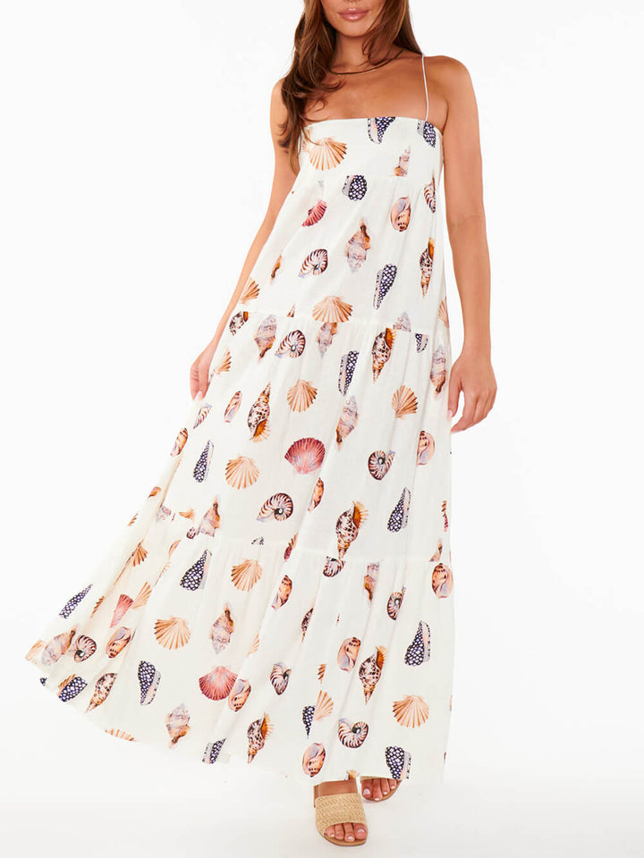 Eenzegaarteg Shell Conch Print Pleated Pocket Liichtgewiicht Maxi Kleed