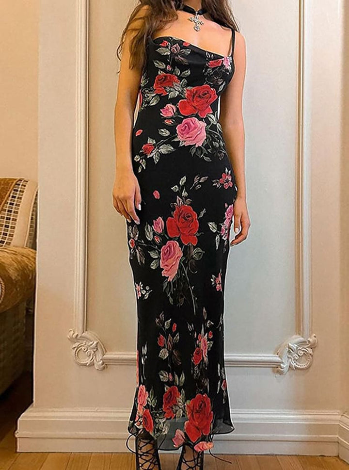 Maxi-jurk van mesh met bloemenprint en spaghettibandjes