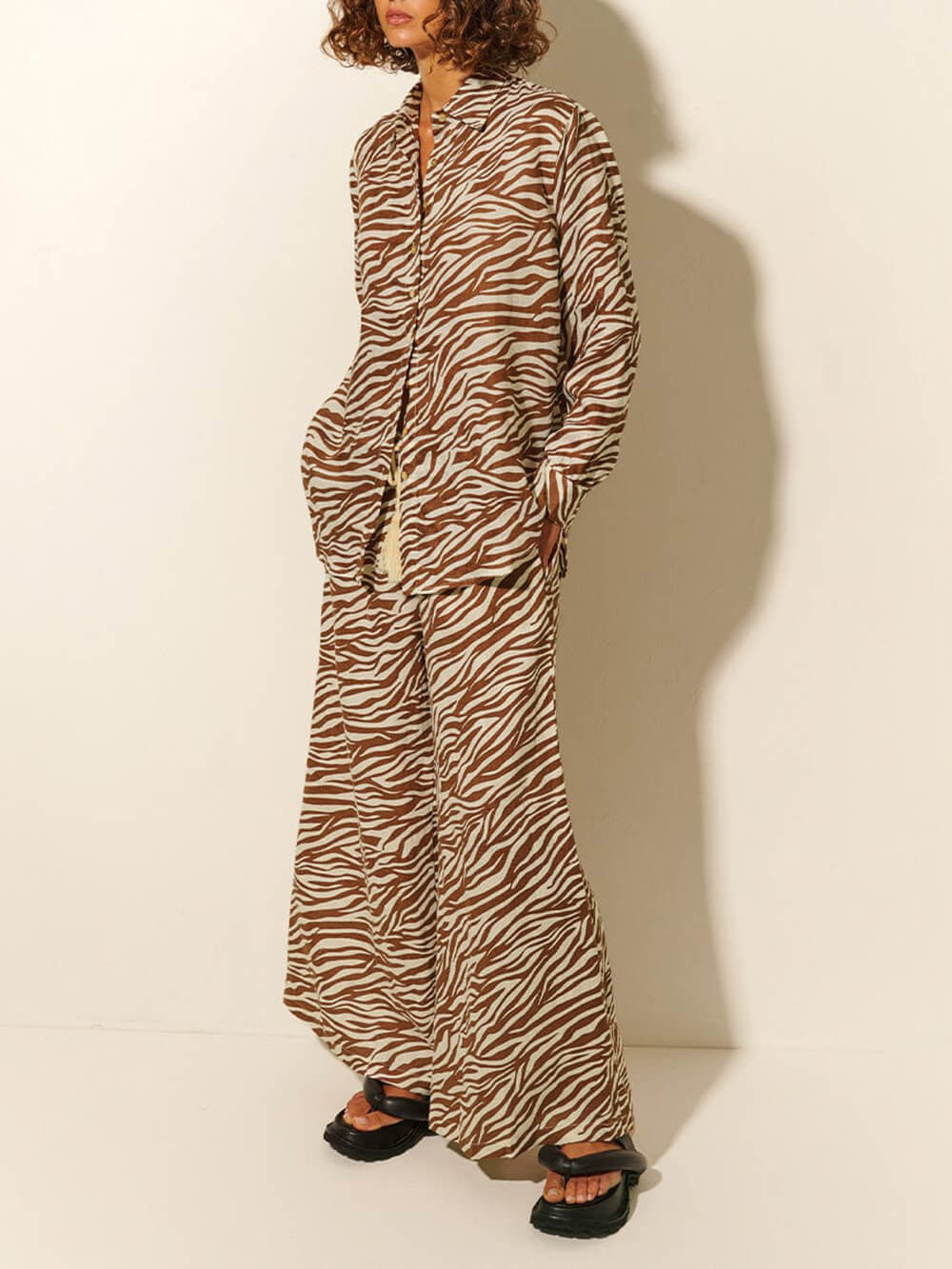 Button Open Collar Loose Zebra Print Drawstring Wide Leg Hosen-Set