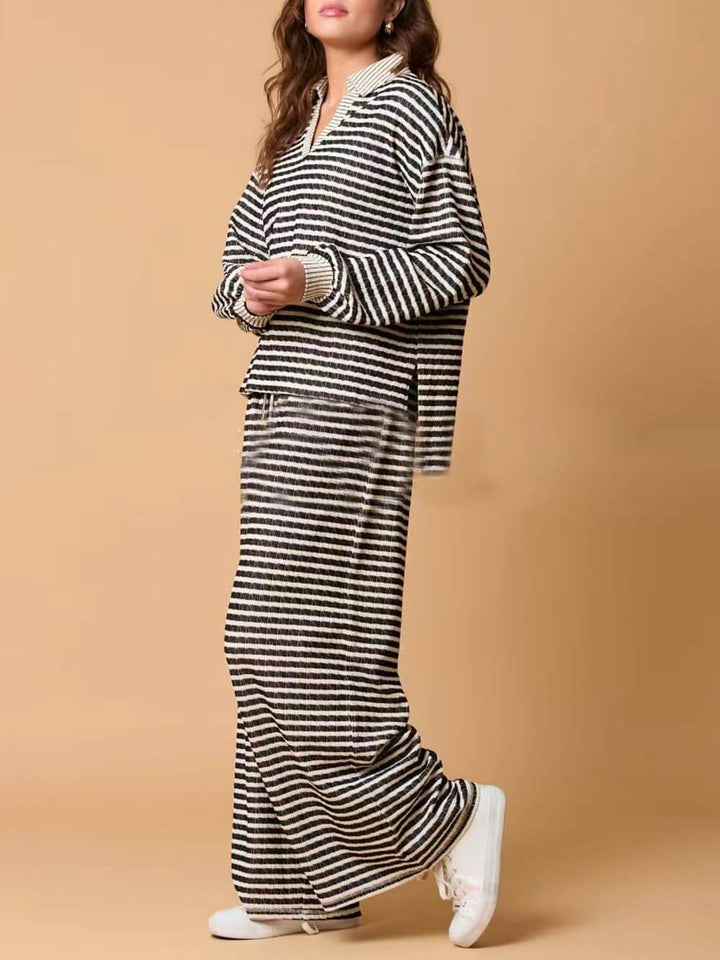 Casual Two-Color Striped Long-Sleeved Trousers Two-Piece Set