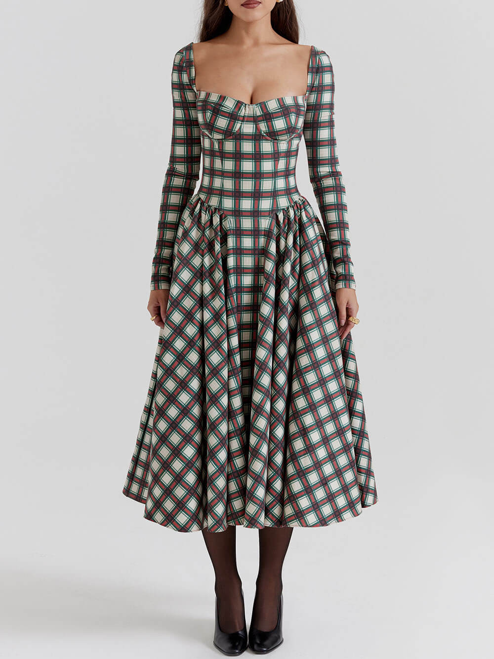 Rød Tartan korsett midi kjole