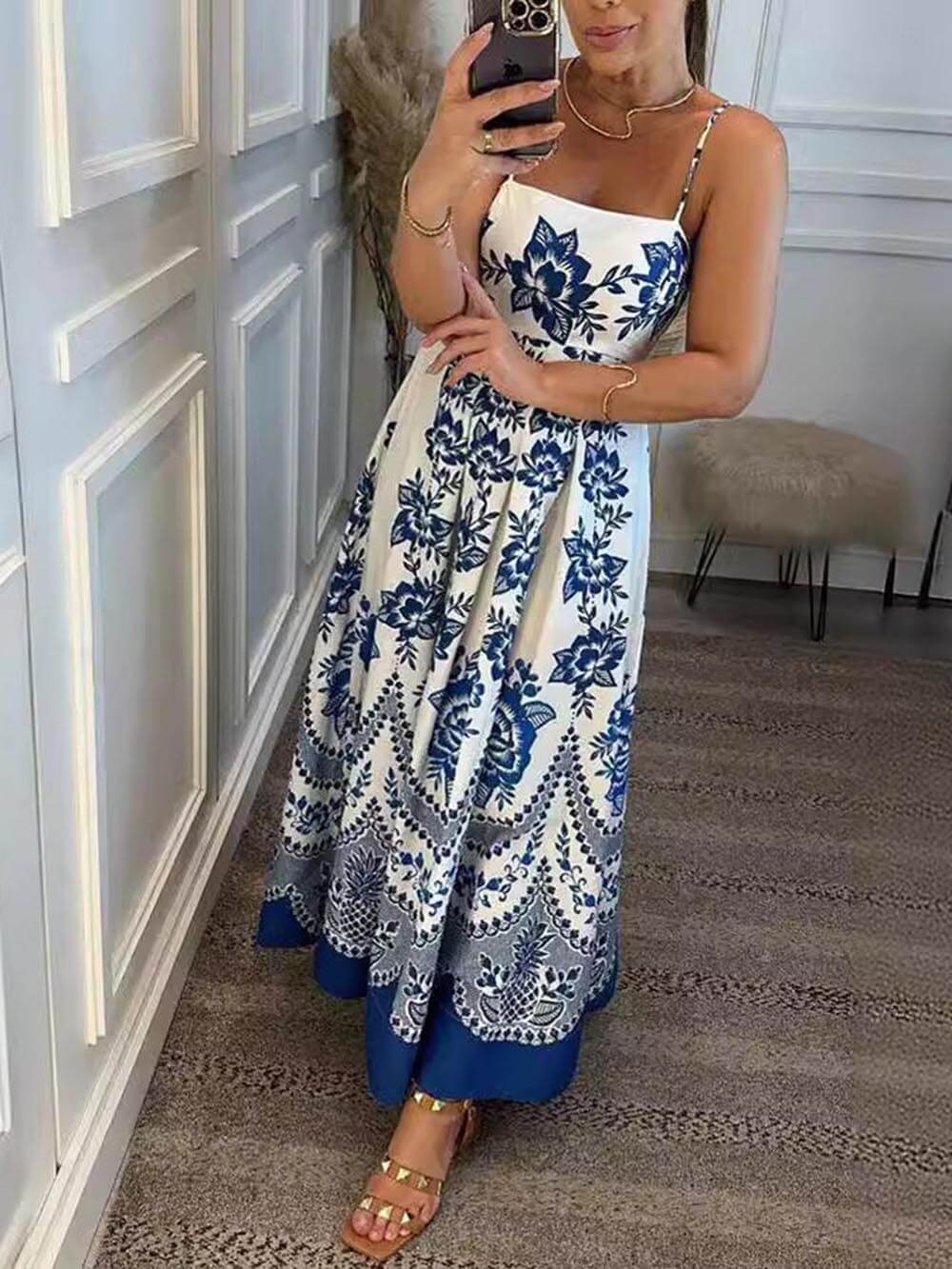 Vestido miaxi suelto con estampado étnico floral y espalda fruncida