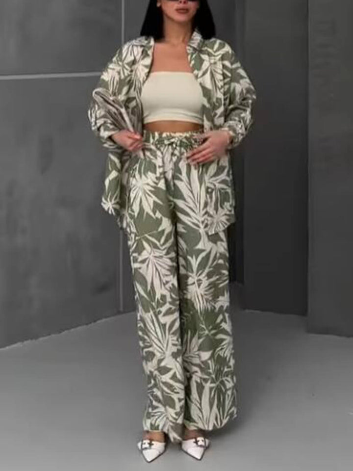 Palm Leaf Printed Elastic Waist Wide Leg Pant Set