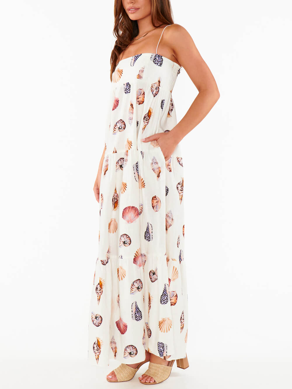 Eenzegaarteg Shell Conch Print Pleated Pocket Liichtgewiicht Maxi Kleed