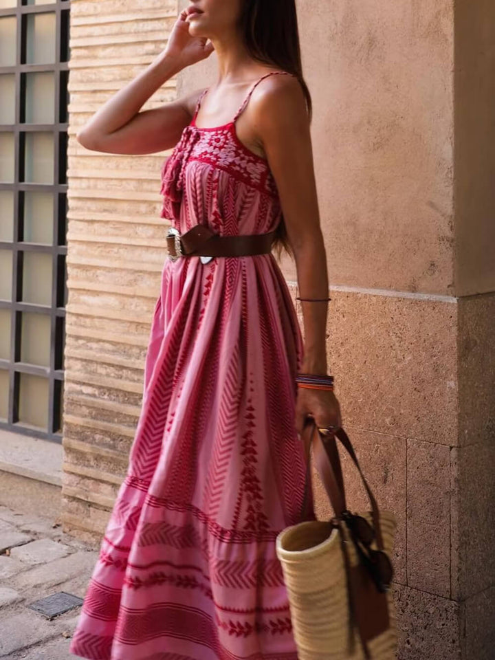 जातीय शैली क्रोशिया पैचवर्क बुना हुआ स्लिप मैक्सी ड्रेस