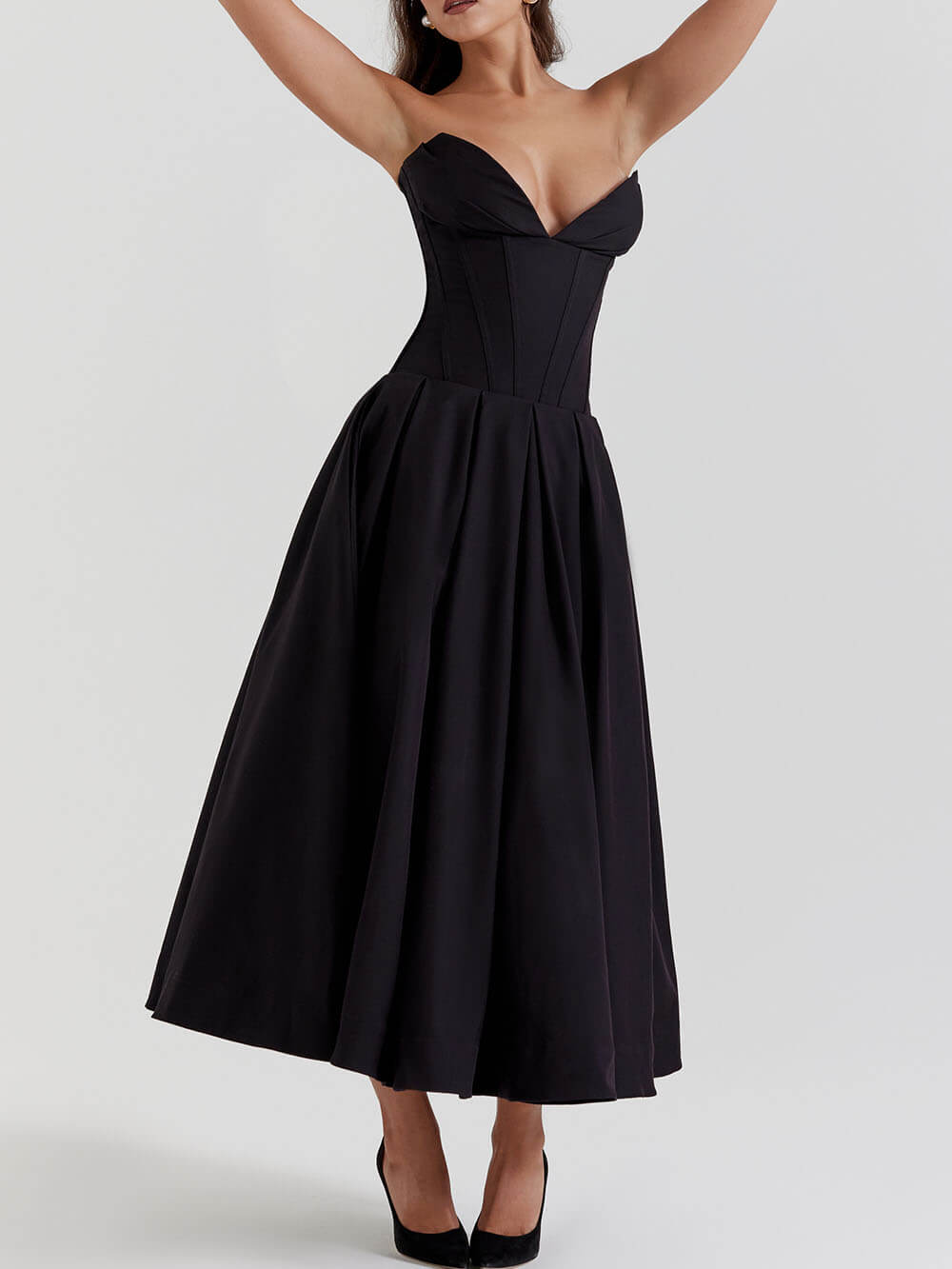 Schwaarz Strapless Midi Kleed