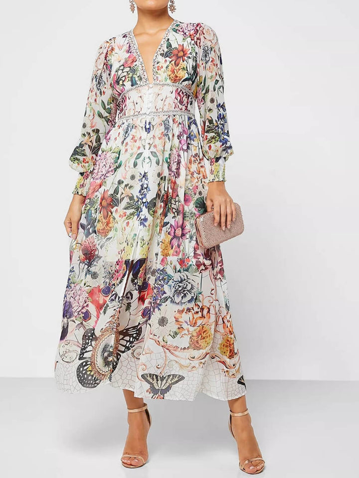 Botonisk blomsterprintet V-hals Chiffon Maxi Kjole