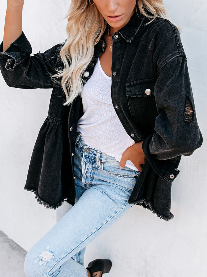 Distressed-Denim-Hemdjacke mit Knopfleiste