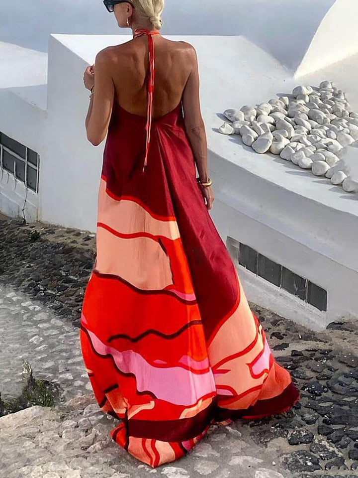 Summer Vakanz Stil Halter Neck gedréckt Backless A-Linn Maxi Kleed