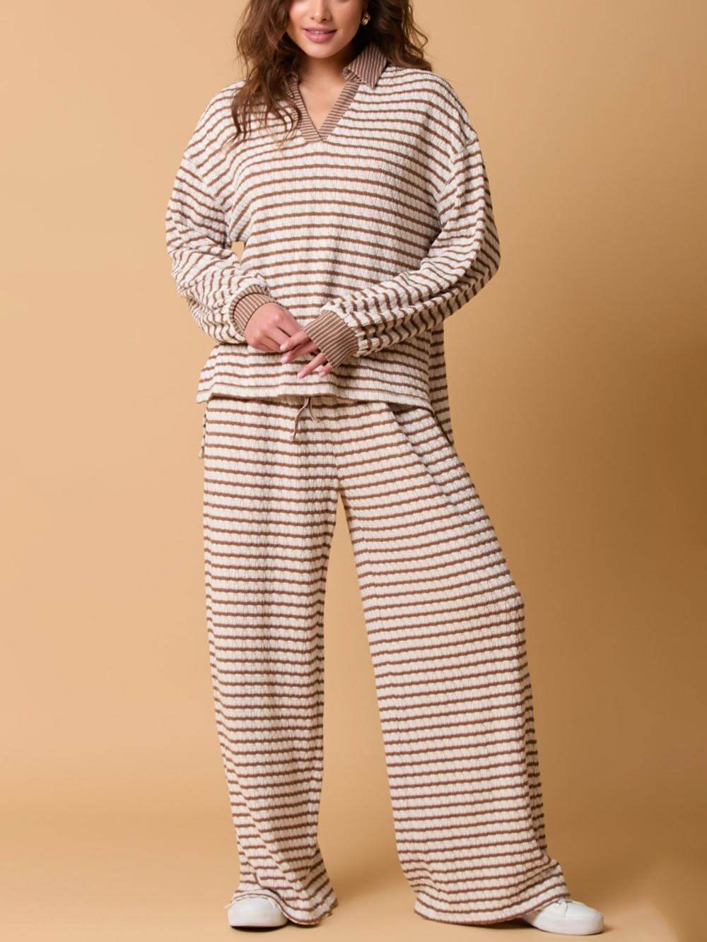 Casual Two-Color Striped Long-Sleeved Trousers Two-Piece Set