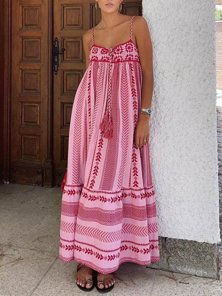 Etnik Stil Tığ Işi Patchwork Örme Slip Maxi Elbise