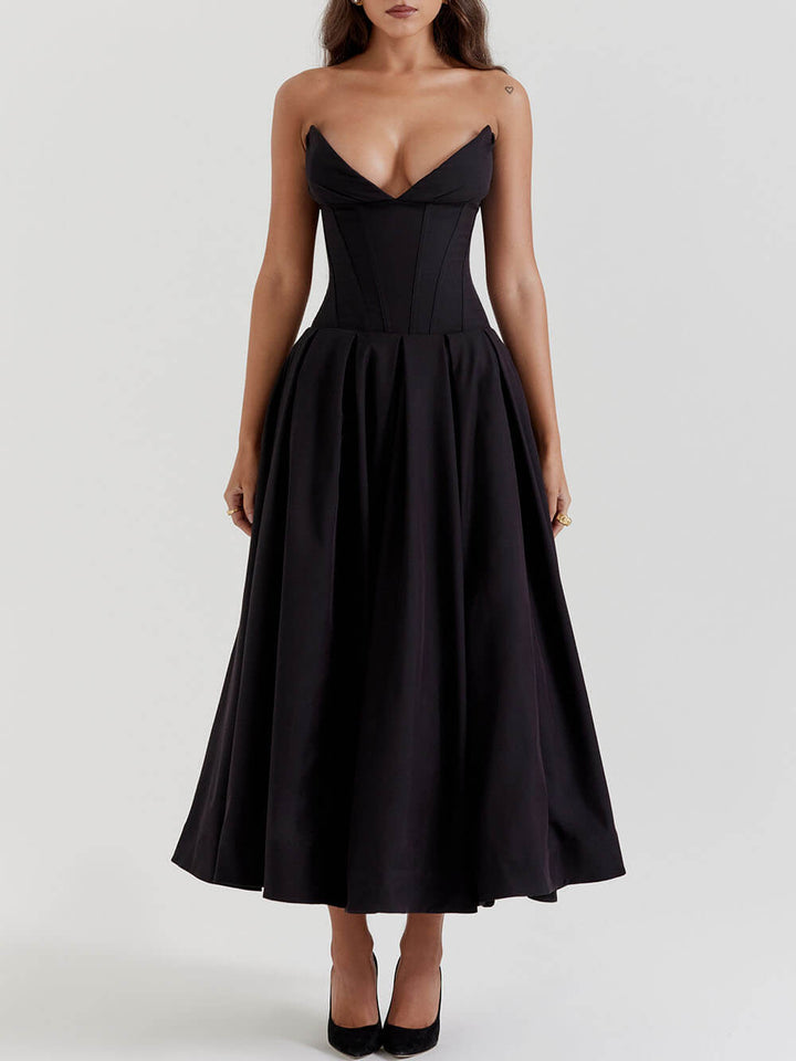 Schwaarz Strapless Midi Kleed