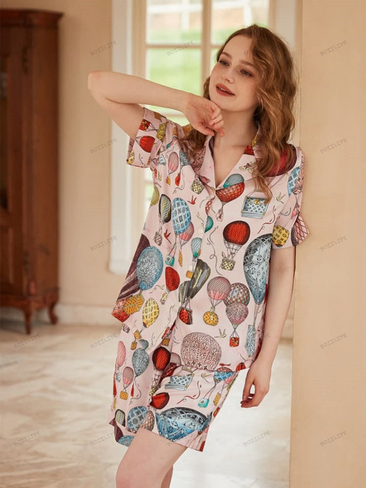 Hot Air Balloon Print Ice Silk Open-Front Short-Sleeve Pajama Set