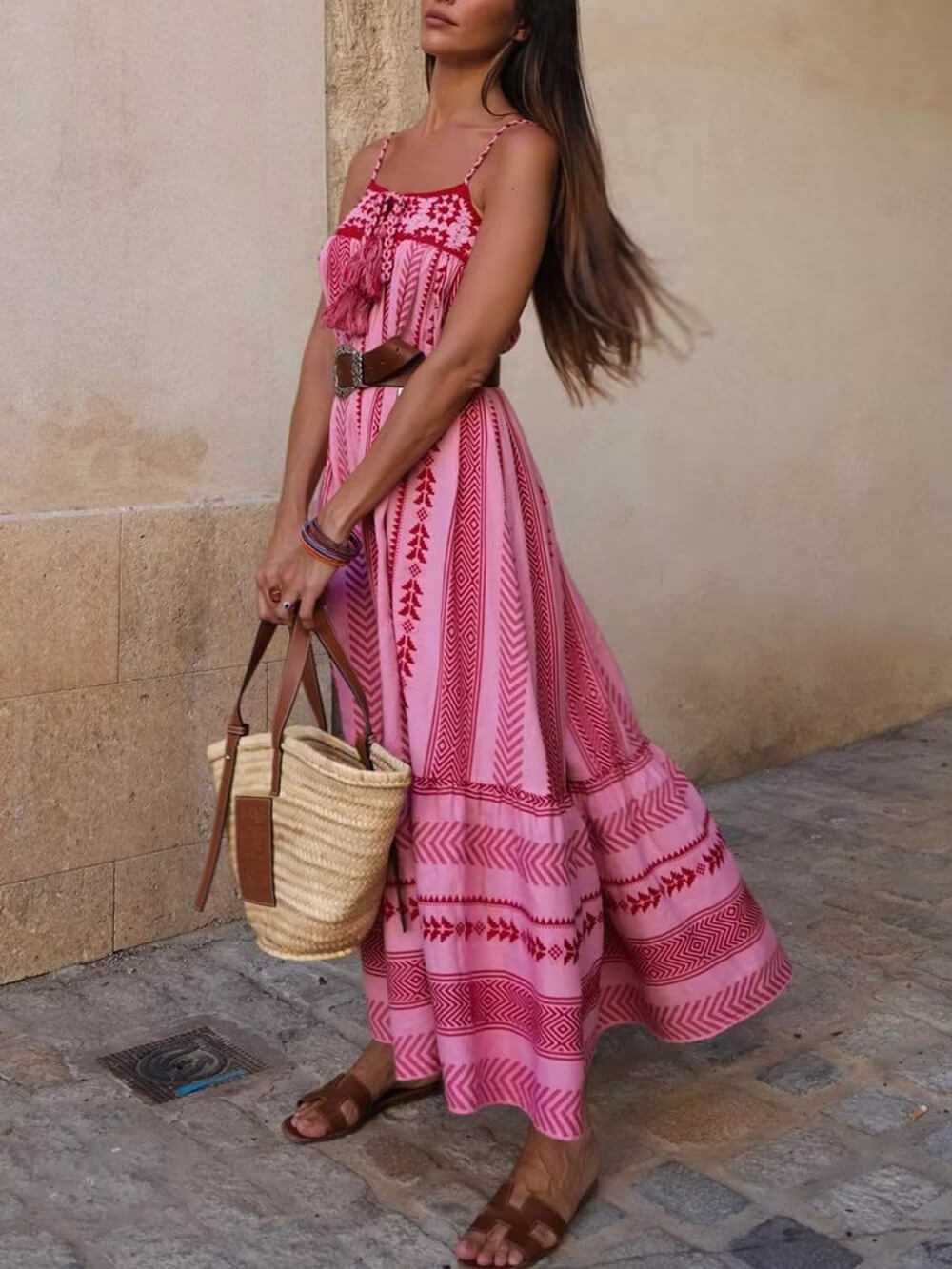 जातीय शैली क्रोशिया पैचवर्क बुना हुआ स्लिप मैक्सी ड्रेस