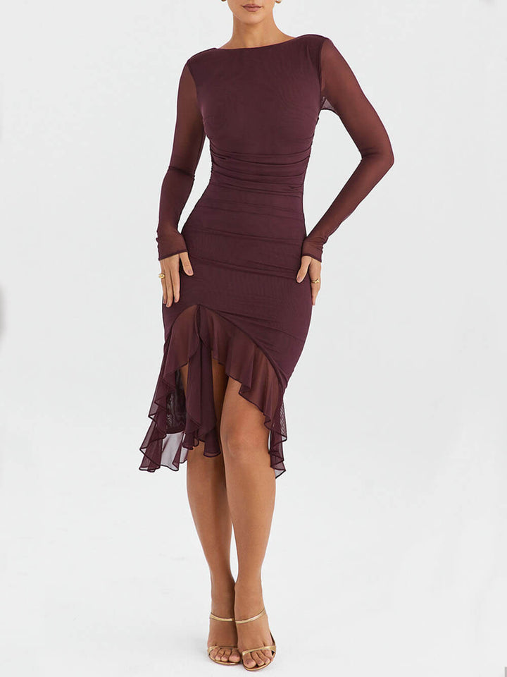 Vestido midi com babados vinho