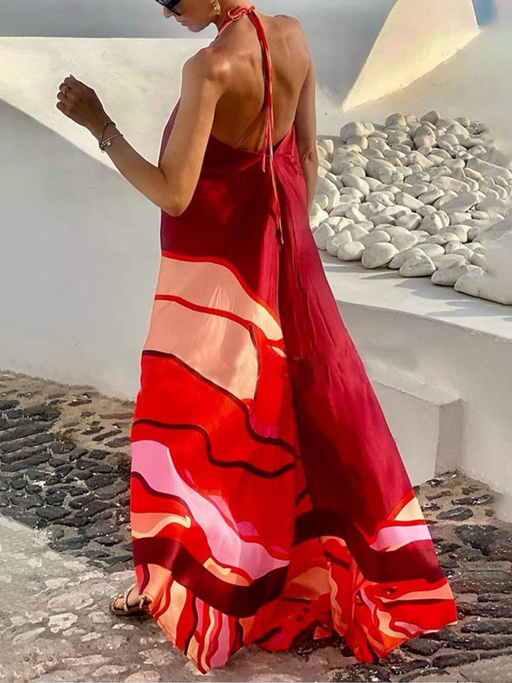 Sommerferie stil Halter Neck trykt Backless A-Line Maxi Dress