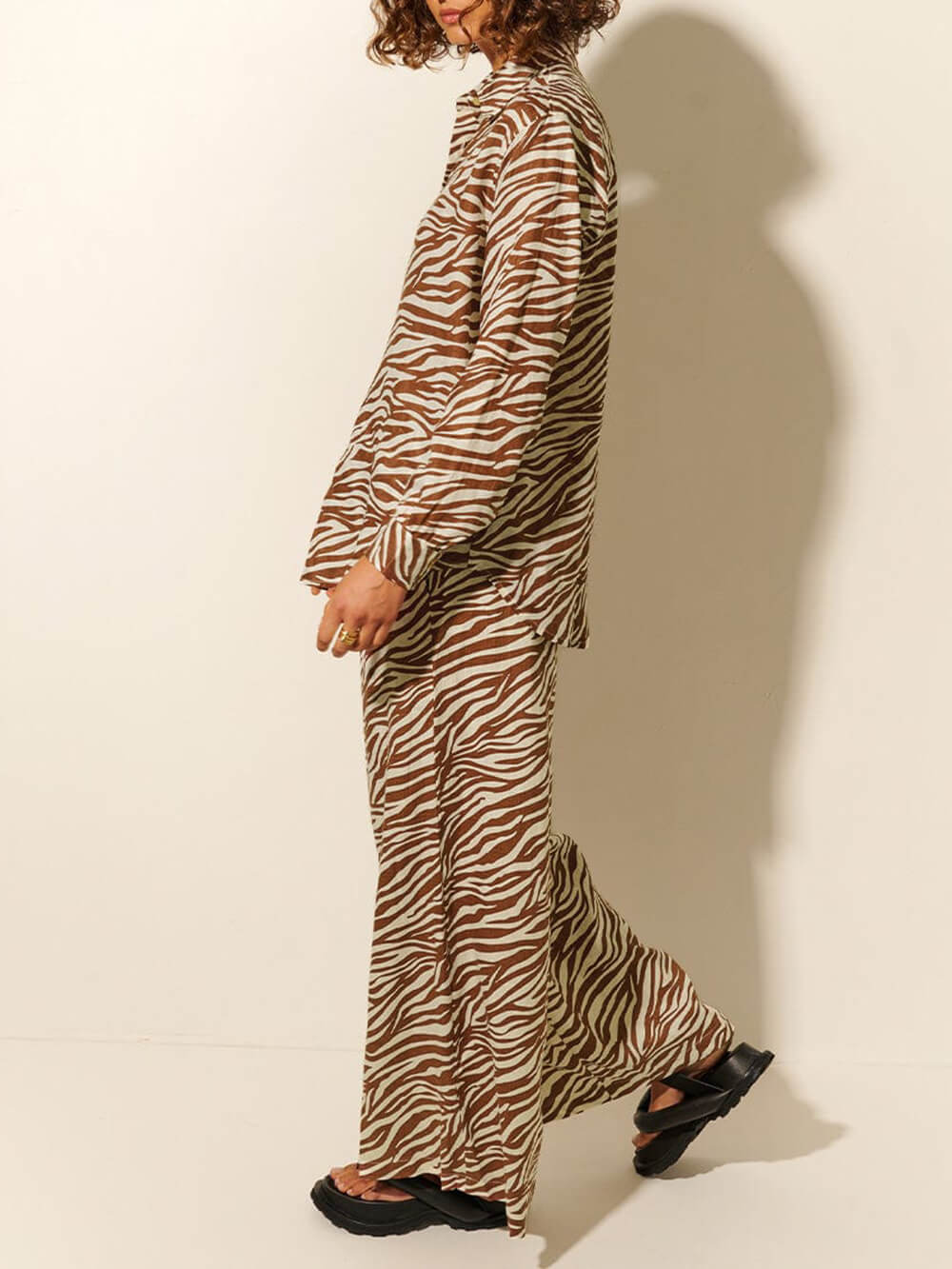 Button Open Collar Loose Zebra Print Drawstring Wide Leg Hosen-Set