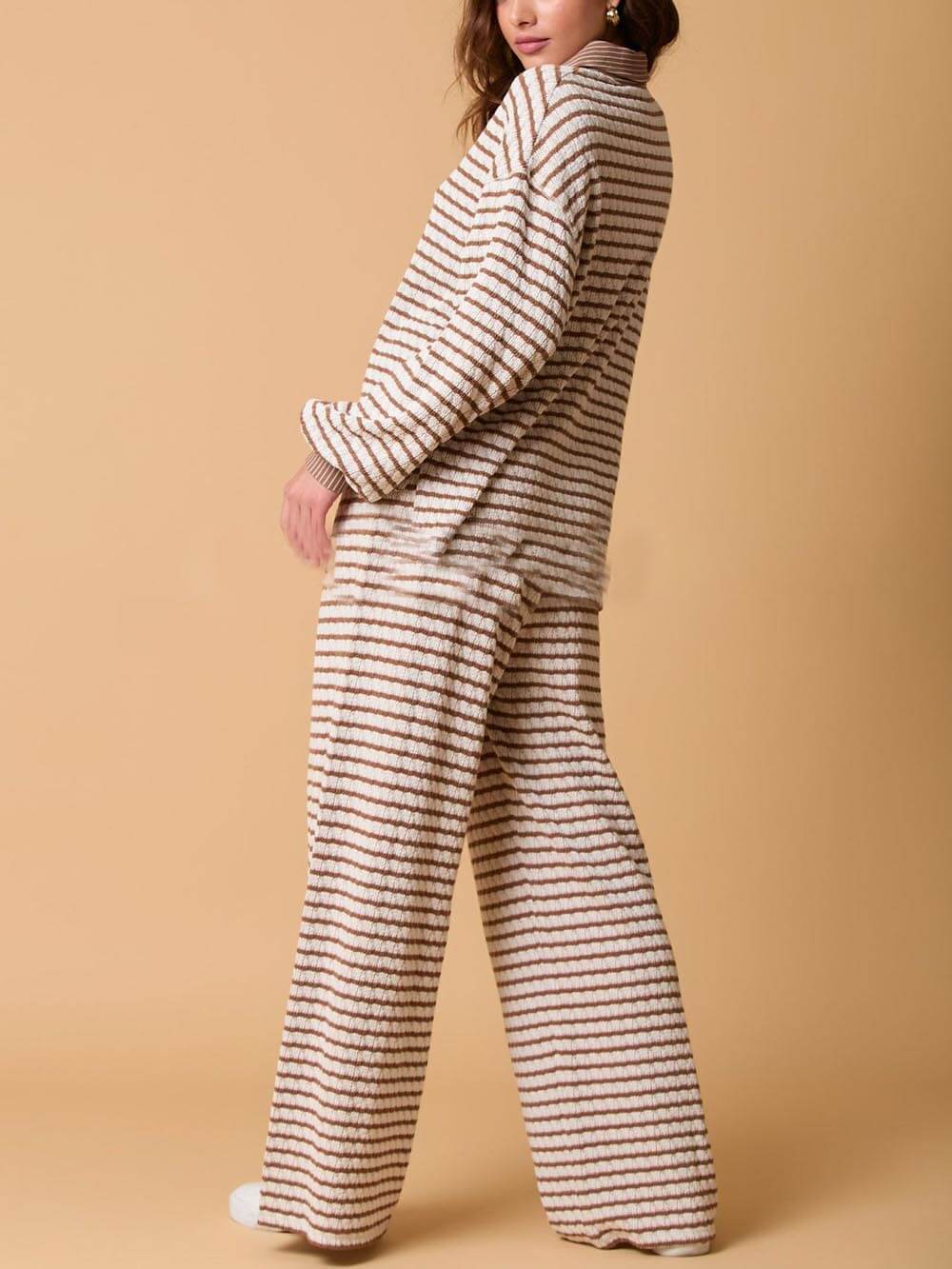 Casual Two-Color Striped Long-Sleeved Trousers Two-Piece Set