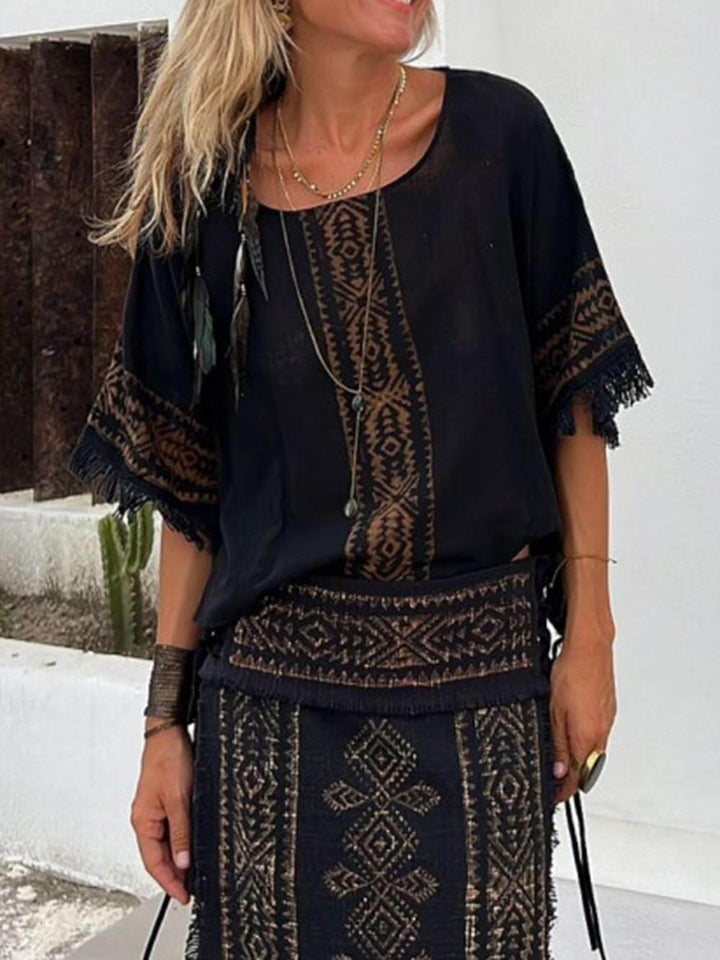 Ethnic print Patchwork Πλαϊνό Lace-Up Maxi Φούστα-Σετ