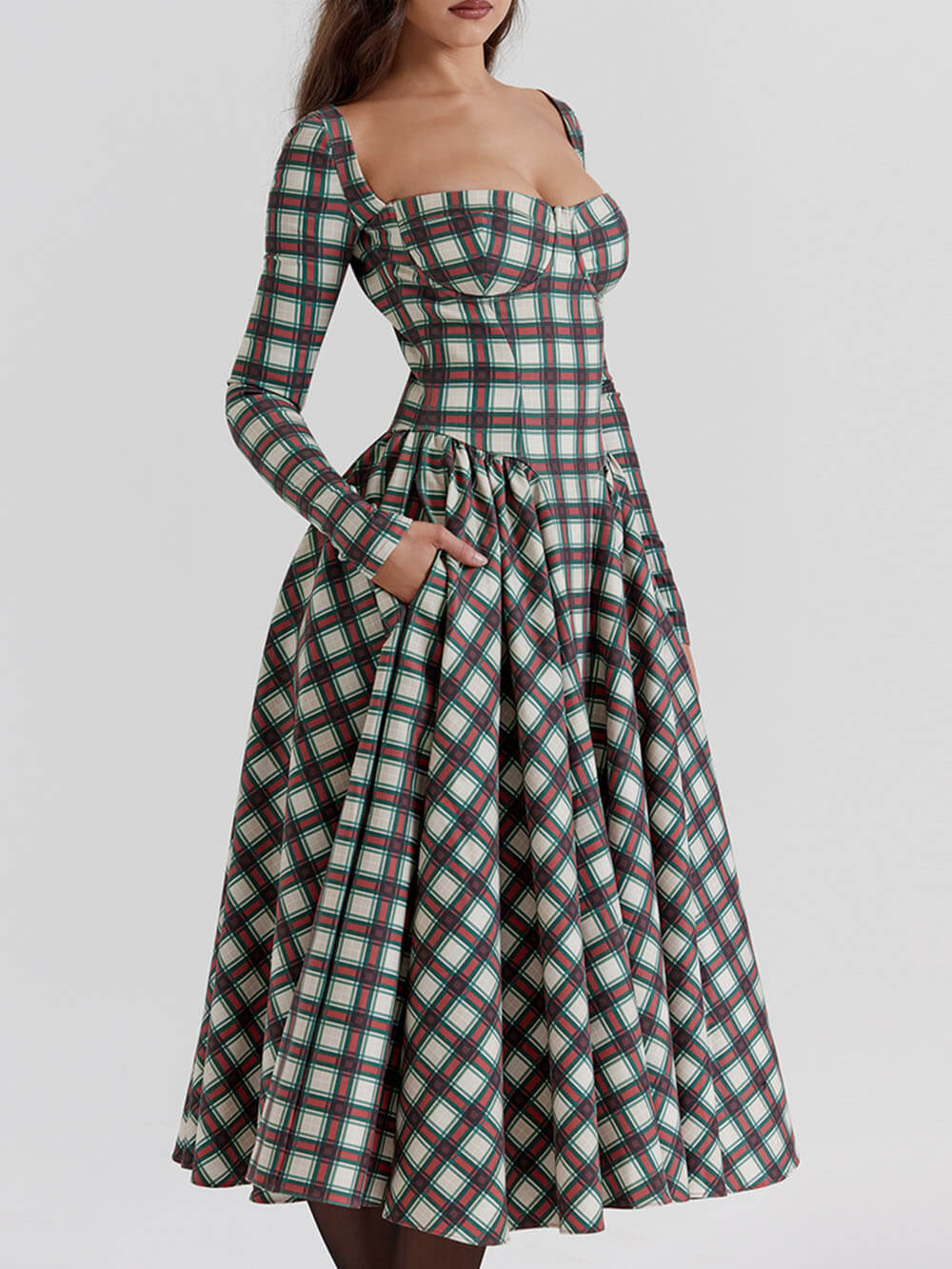 Rød Tartan korsett midi kjole