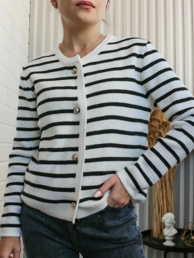 Casual Round Neck Striped Knit Cardigan Sweater Set