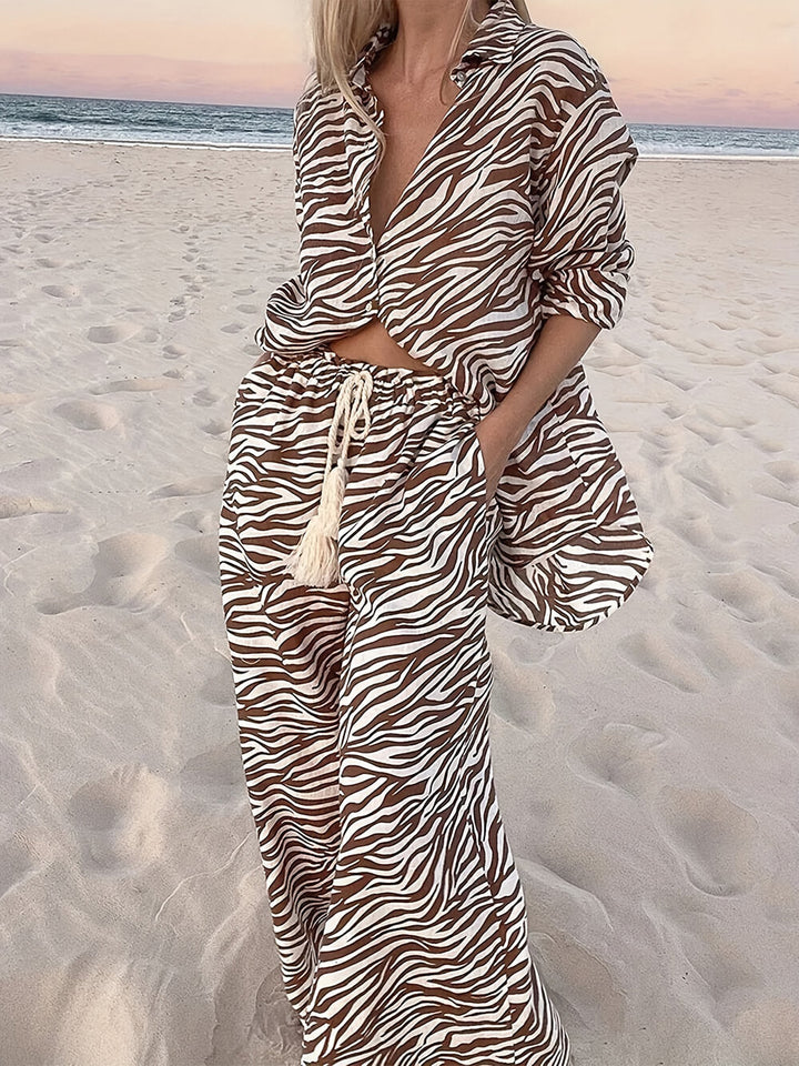 Button Open Collar Loose Zebra Print Drawstring Wide Leg Hosen-Set