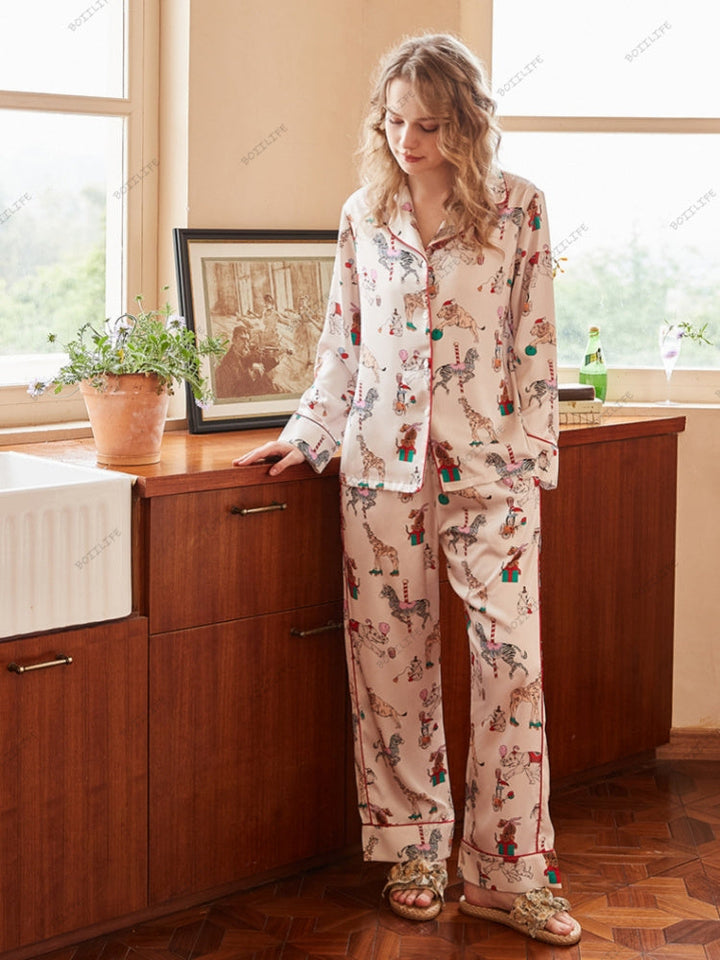 Circus Print Ice Silk Pajama Loungewear Set