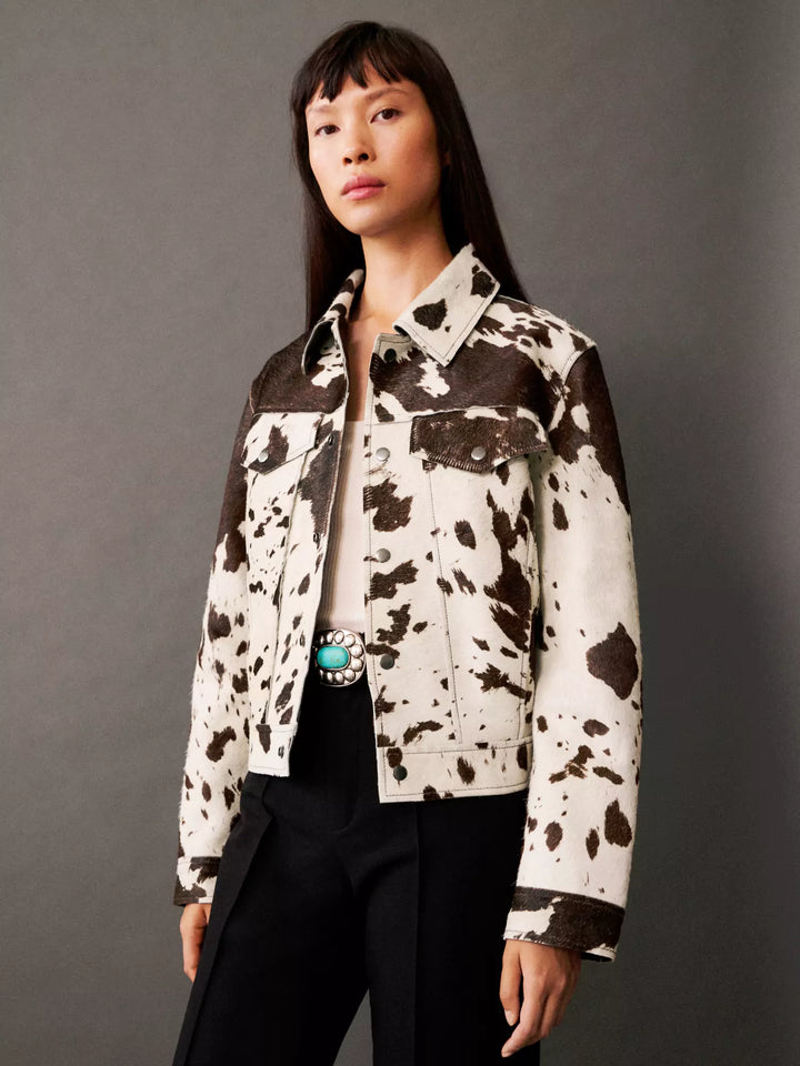 Cow Print Faux Fur Shirt-Style Jacket