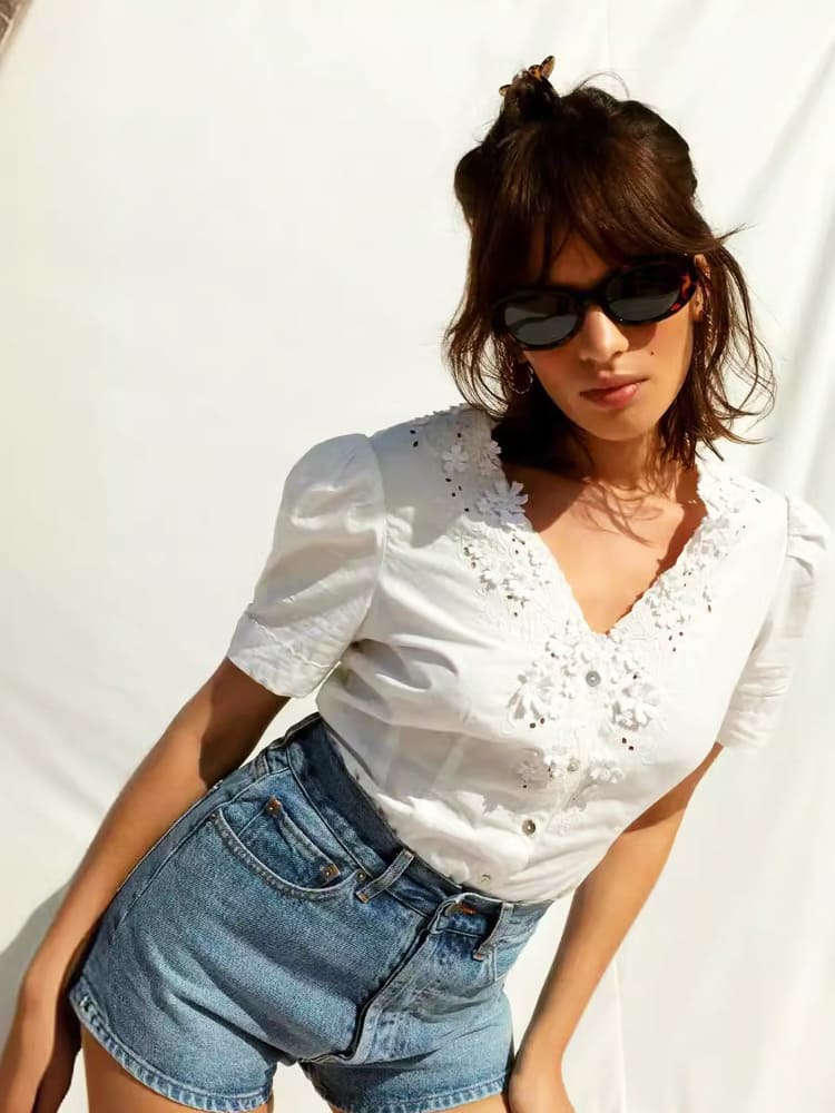 Embroidered Lace V-Neck Blouse